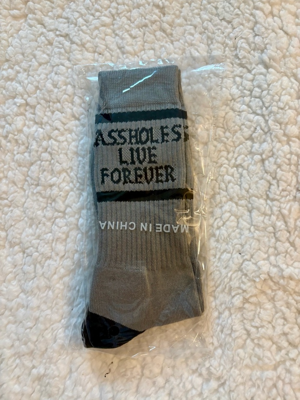 Assholes Live Forever Gray Novelty Crew Socks with Bold Text